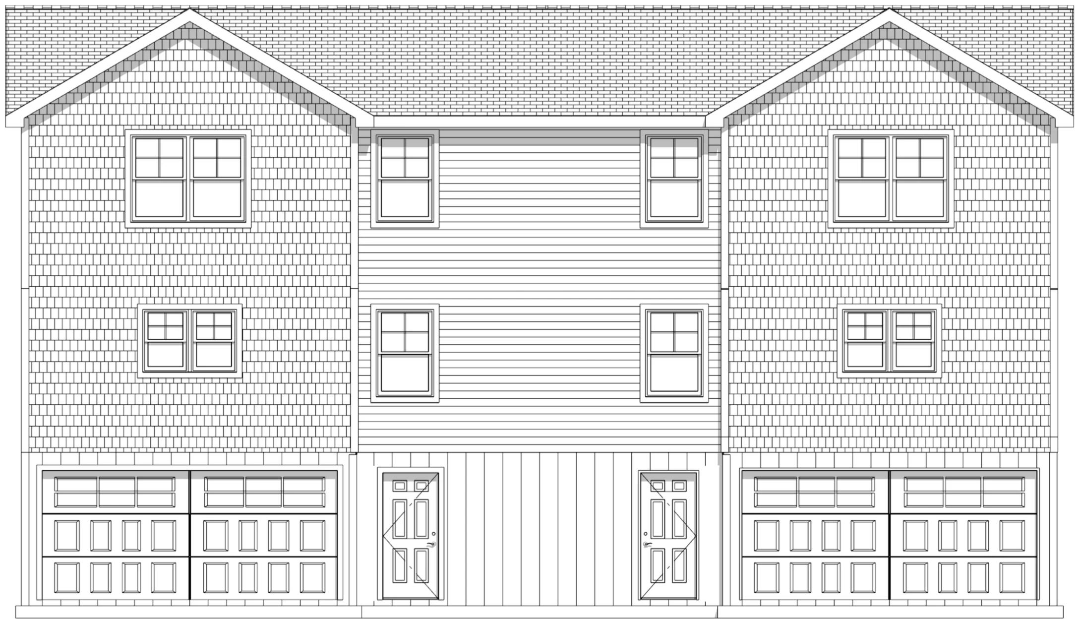 Front elevation drawing of a townhome duplex, drawn to scale with both gables, windows, entries and garage doors