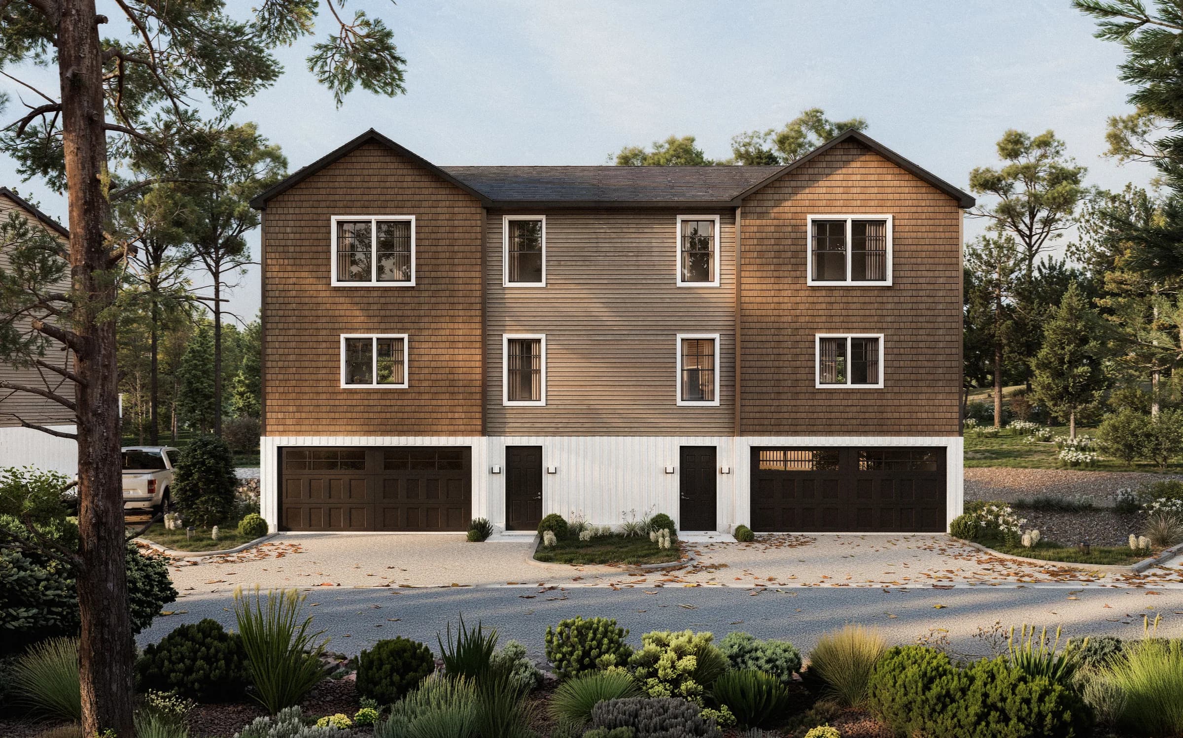 3D rendering of a shingled townhome duplex with twin gables, two garage bays and two entries, built from the builder's plans