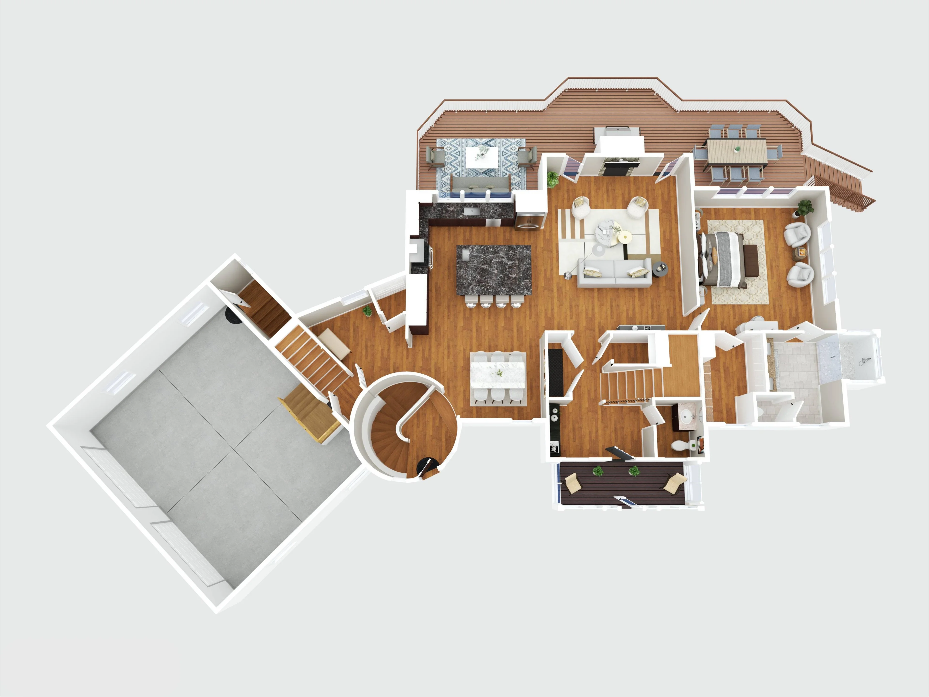 3D rendered floor plan of the same home, furnished and in color