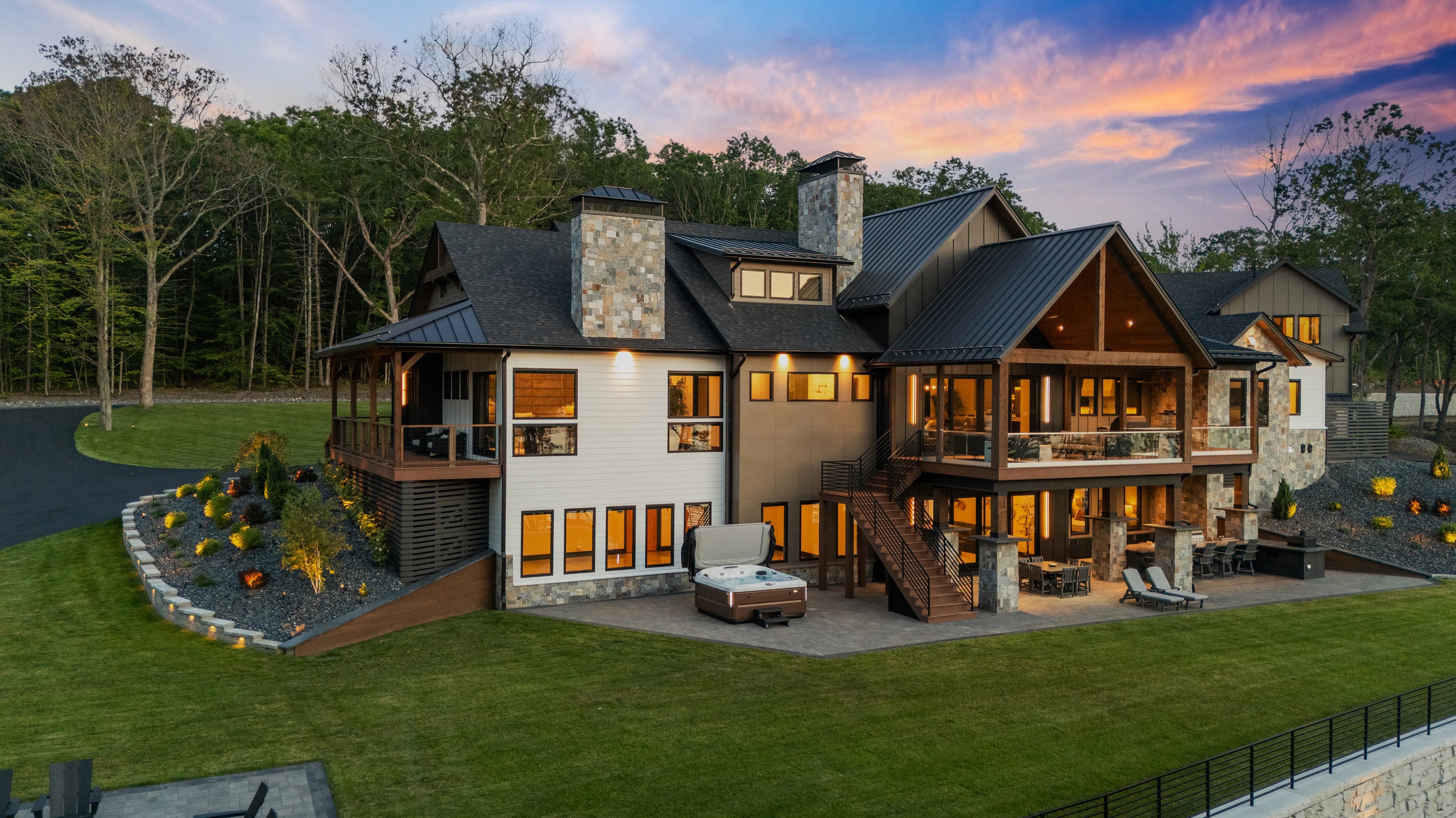 Twilight exterior of a luxury New England home
