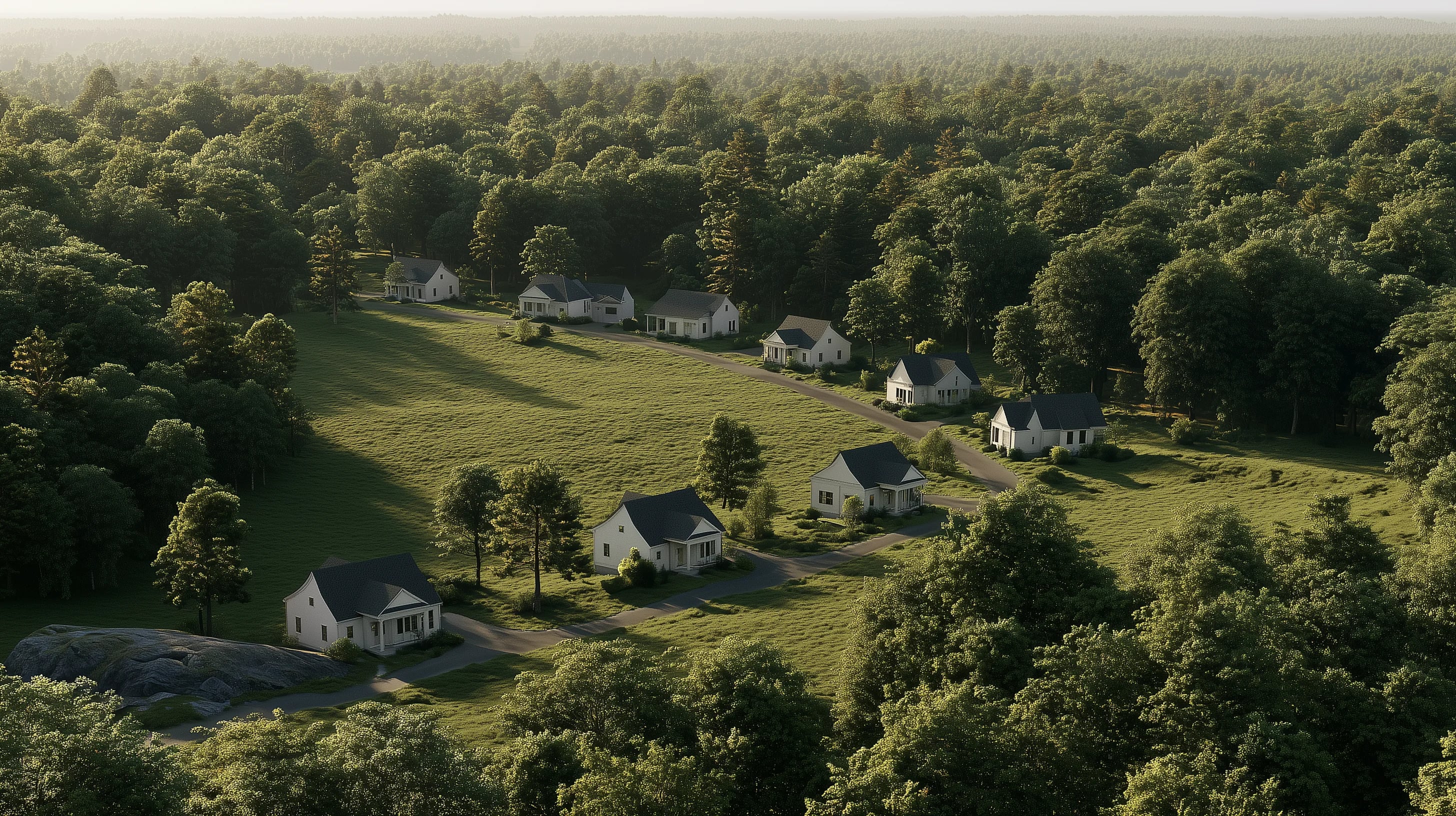 Rendered aerial of a small community of gabled homes set in a forest clearing, lawns and drives threading between mature tree cover