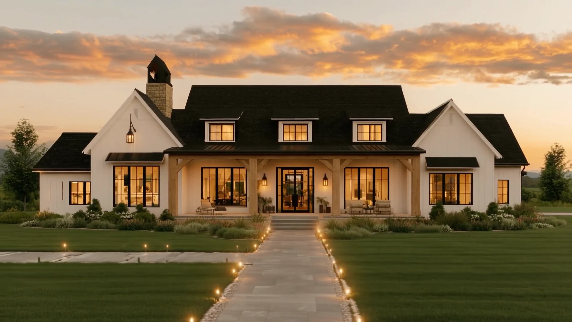 Rendered modern farmhouse at dusk, its windows lit warm beneath a golden sky, a lit walkway leading to the covered porch