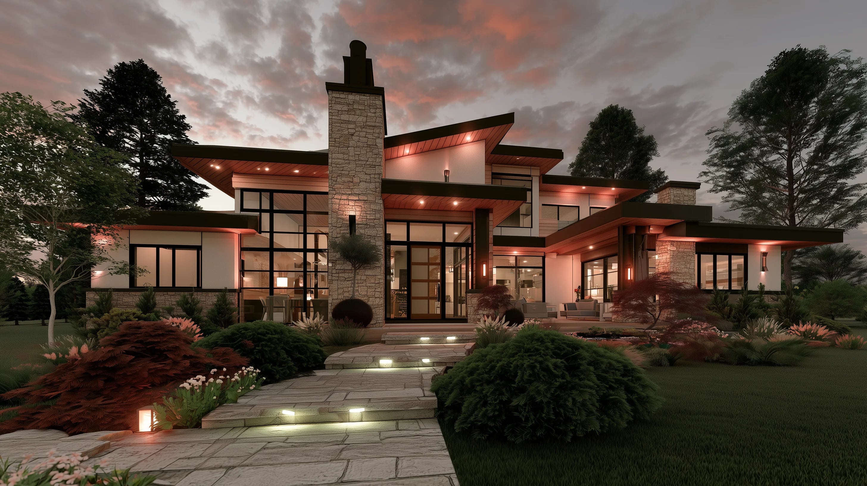 Rendered contemporary stone-and-glass home at twilight, low horizontal rooflines lit from beneath, landscape lighting tracing a stone path to the entry