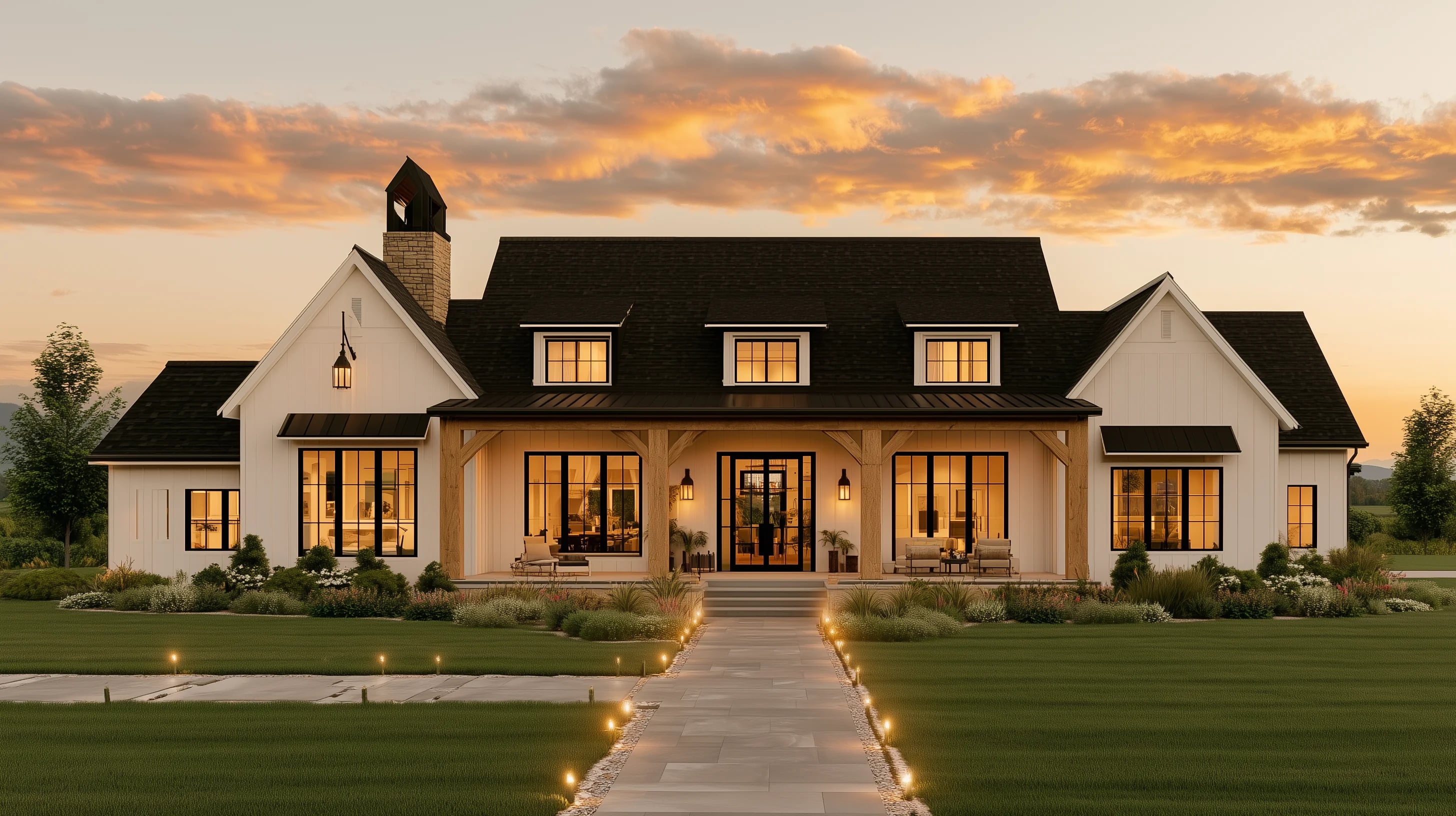 Rendered modern farmhouse at dusk, its windows lit warm beneath a golden sky, a lit walkway leading to the covered porch