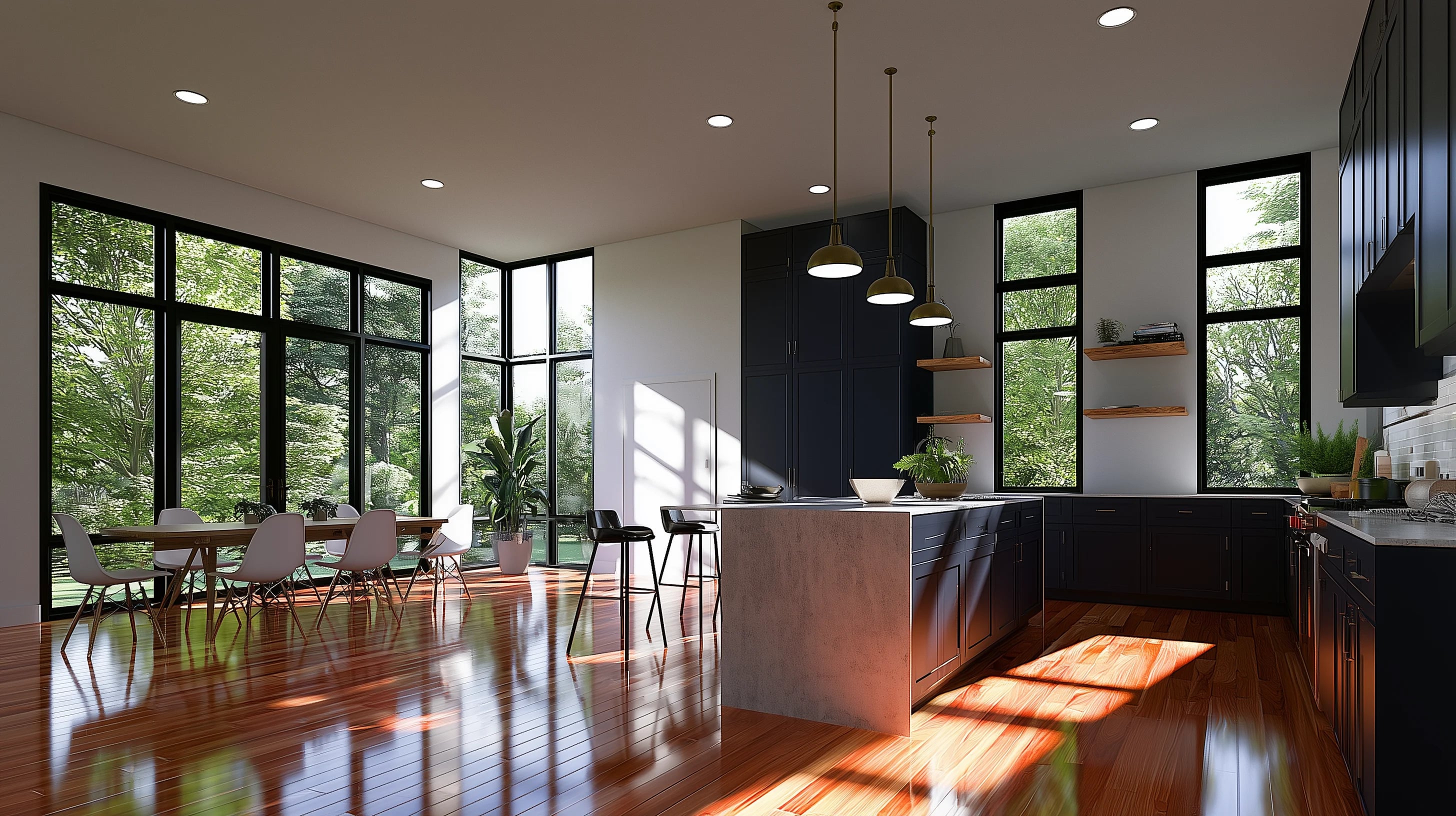 Rendered kitchen and dining room in full daylight, dark cabinetry and a waterfall island against floor-to-ceiling windows onto woodland
