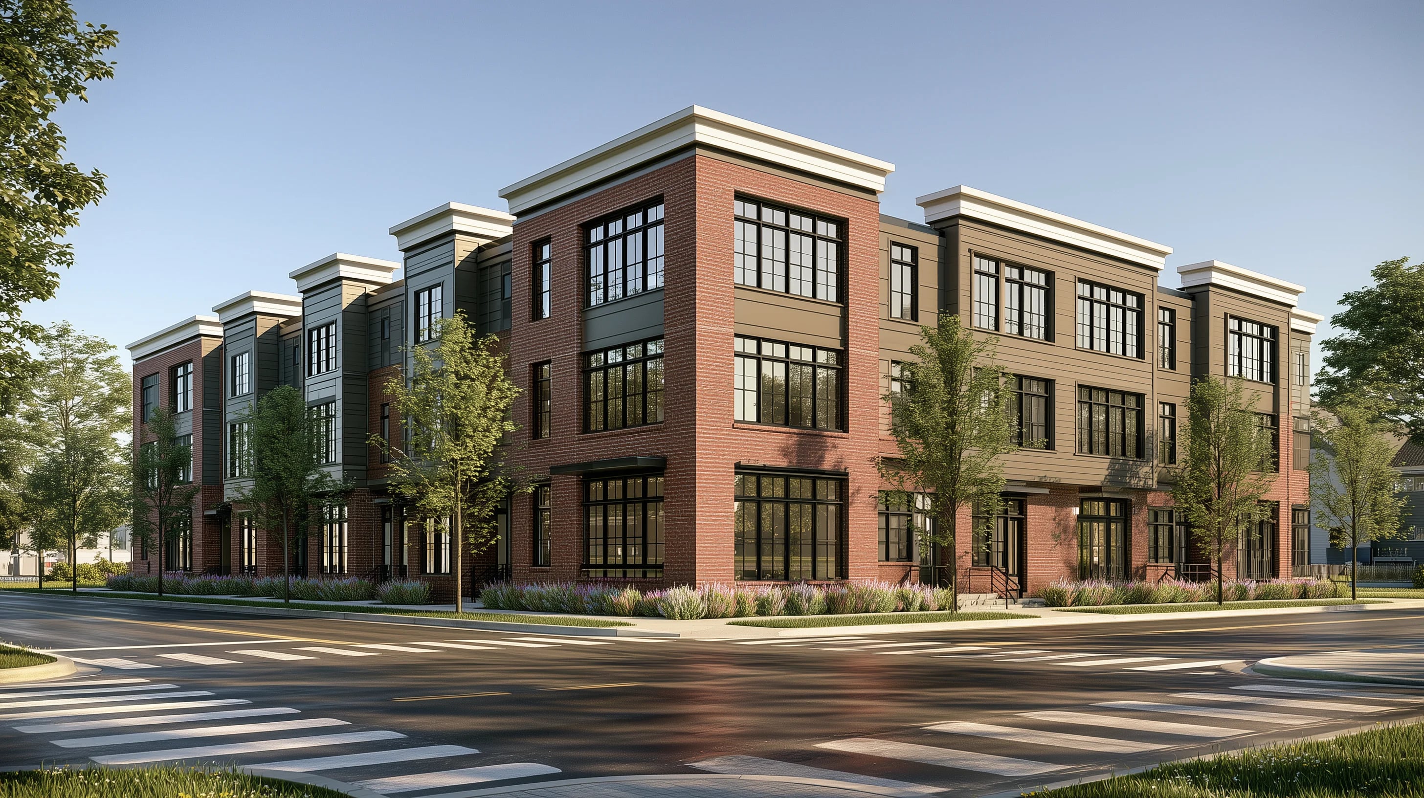 Rendered three-storey brick and stone mixed-use building on a corner lot, street trees and fresh crosswalks in full daylight