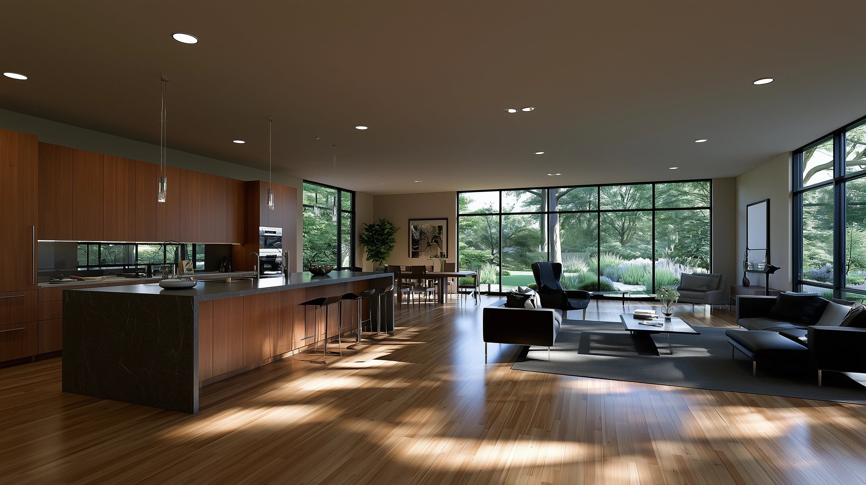 Rendered open-plan kitchen and living space in the evening, a long island in dark wood and stone running toward a full-height glass wall