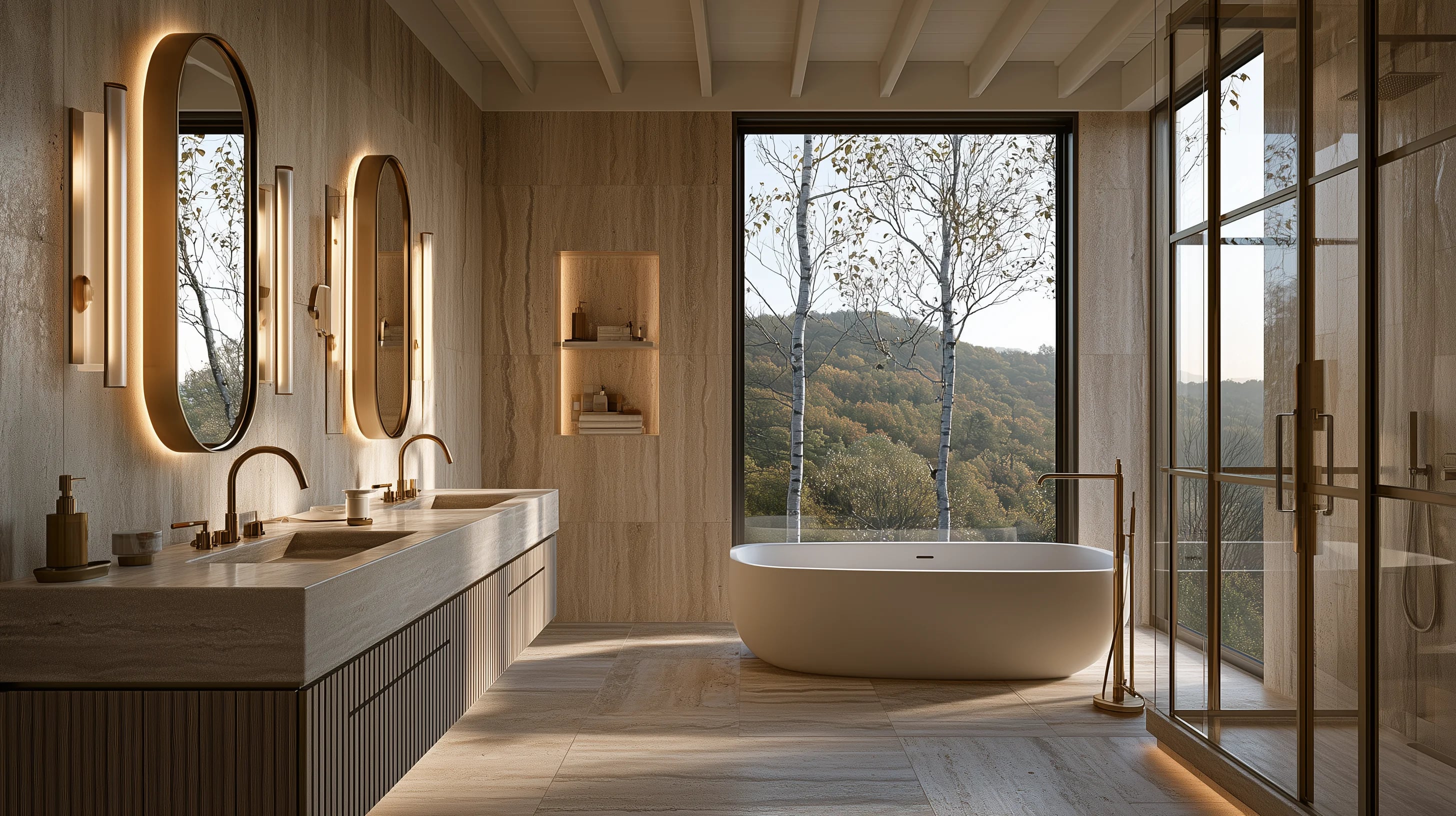 Rendered primary bathroom in travertine and pale oak, twin backlit oval mirrors over a floating vanity and a freestanding tub at a forest-view window